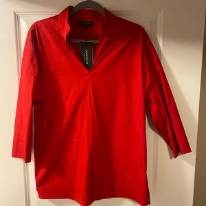 Cherry Red 3/4 Sleeve Tunic Preppy Shirt with Collar Lafayette 148 New York NWT